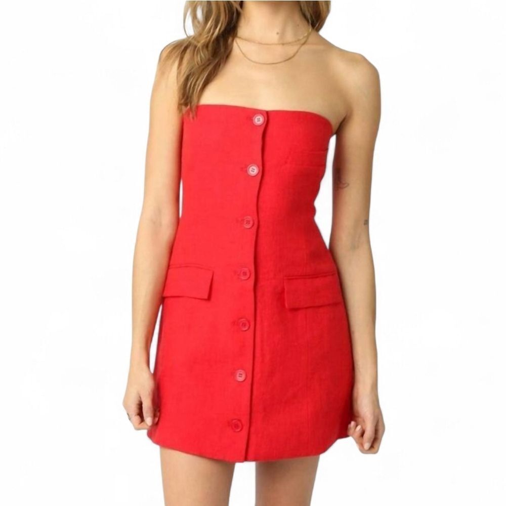 Olivaceous Giselle Linen Strapless Red Button-Front Mini Dress